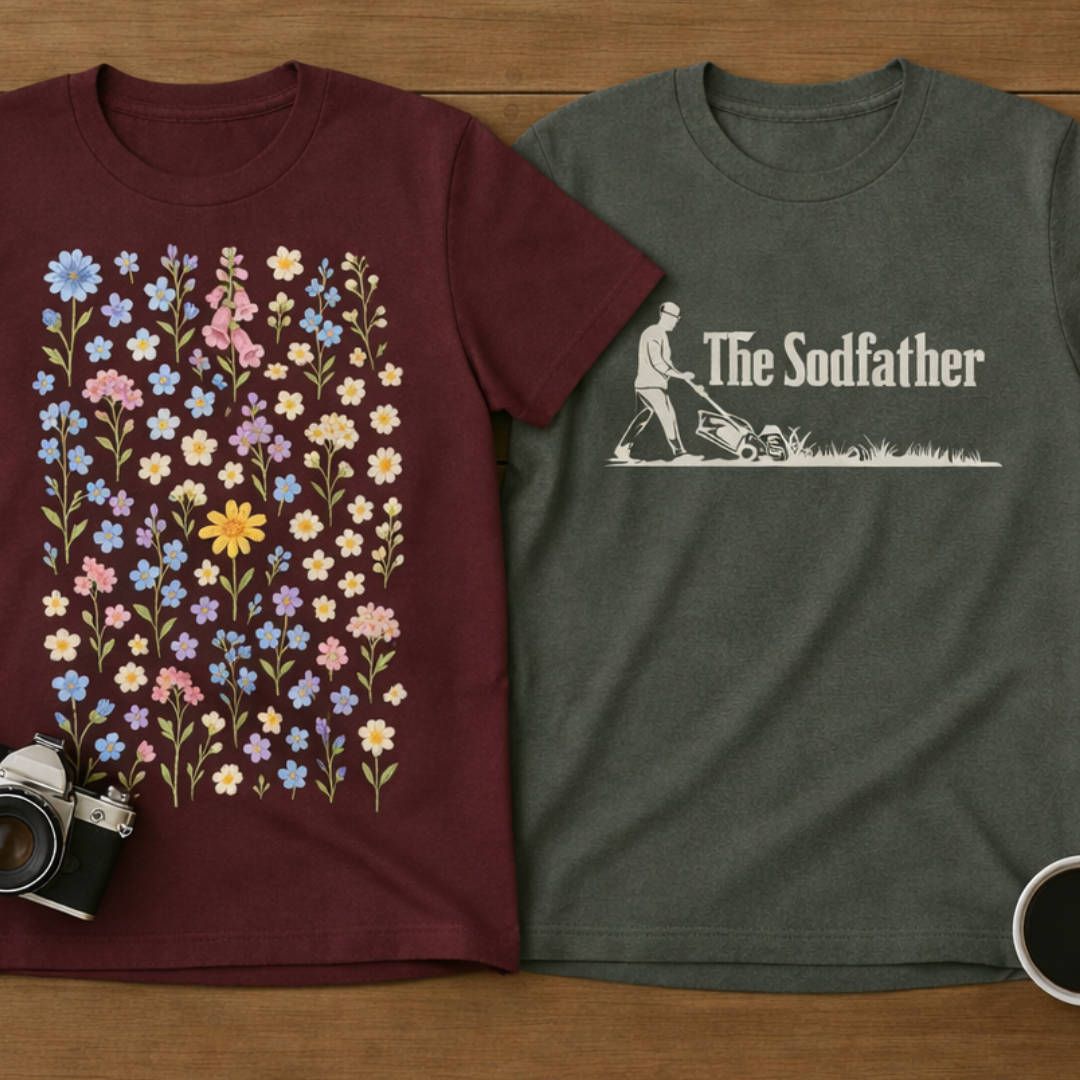 Pastel Wildflower Shirt in Maroon and Sodfather Shirt in Green. Funny Rooted and Worn gardening and flower shirts. Buy 2, save $2 per tee.